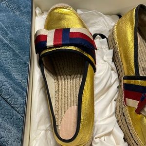 Gucci Web Bow Gold Metallic Leather Espadrilles Platform Wedge Shoes